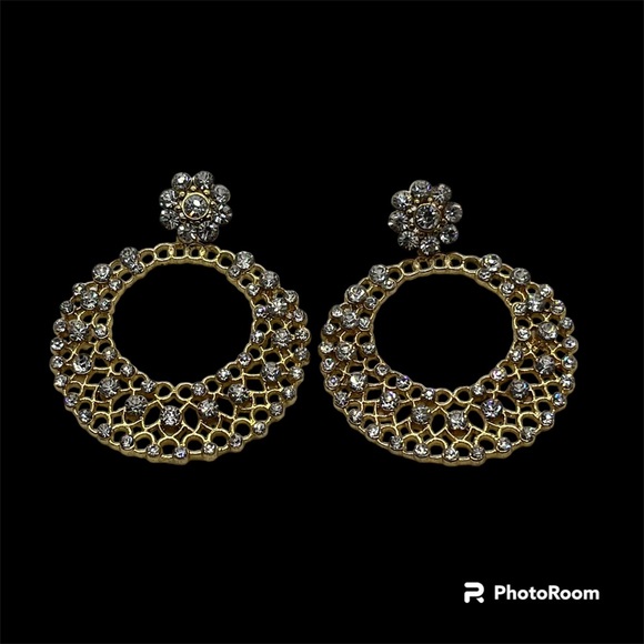 Gold Tone Rhinestones Dangle Drop Filigree Openwork Circle Hoop Fashion Earrings - Picture 1 of 8